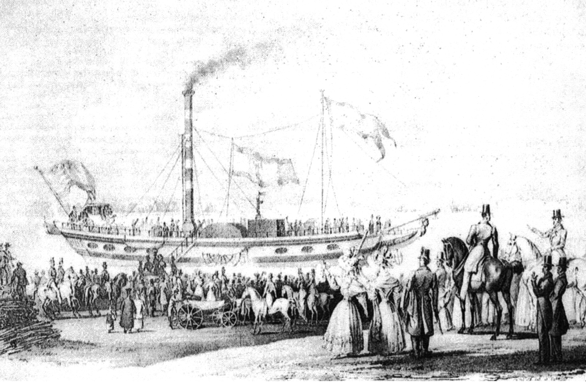 Anul 1831, momentul lansării la apă a piroscafului (navă cu aburi) FRANZ I.