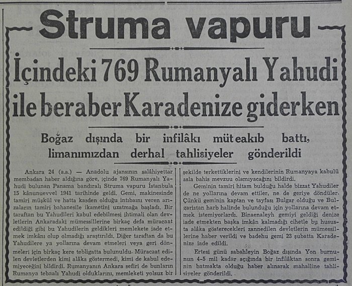 Știre din presa turcă despre dezastrul navei „Struma”.
