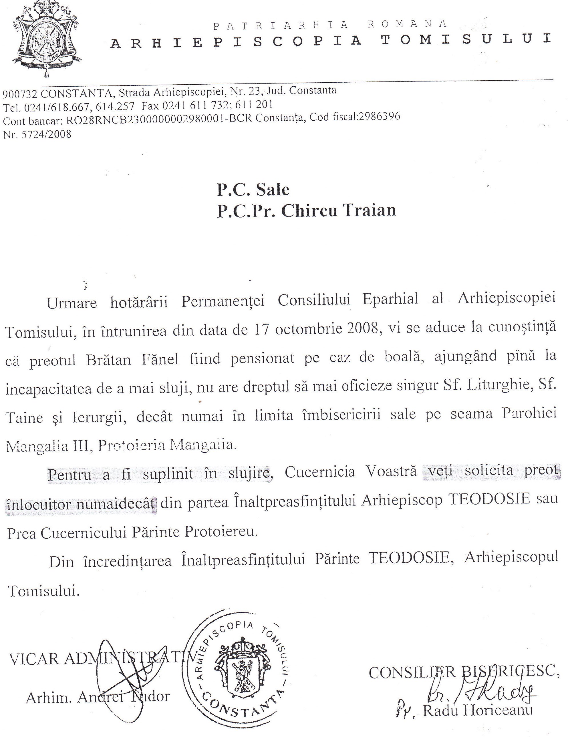 Adresa nr. 5724 din 2008 prin care Teodosie îi impune preotului militar Traian Chircu să își ceară înlocuirea!
