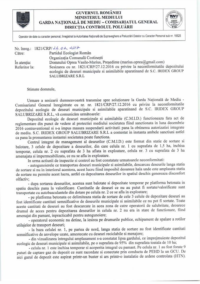 Răspunsul Gărzii Naționale de Mediu - Comisariatul General către Partidul Ecologist Român (pag. 1).