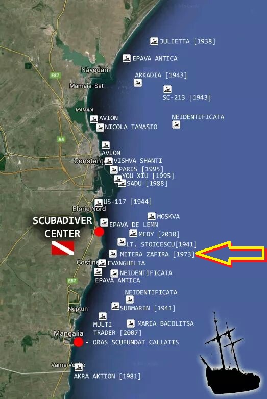 Harta cu localizarea epavelor din zona litorală românească a Mării Negre.