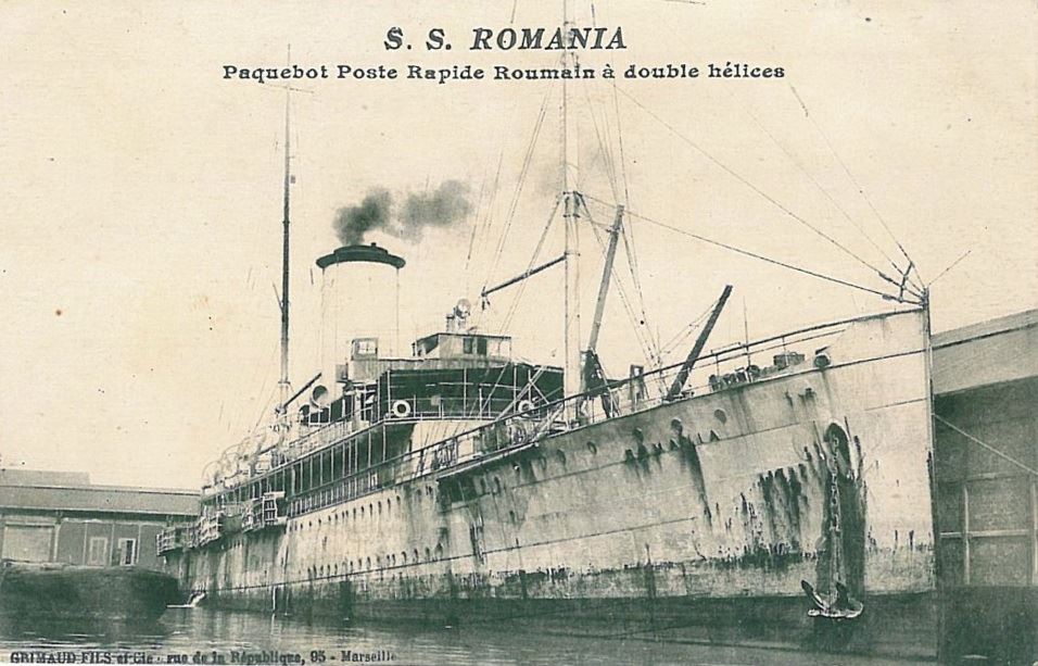 Ilustrată rară cu „pachebotul de poștă rapidă S.S. ROMÂNIA cu dublă elice”, emisă în Franța.