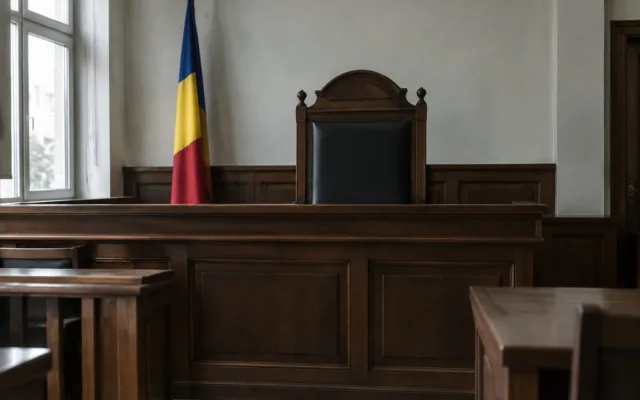 Sală de judecată cu steagul românesc