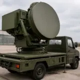 Un radar mobil masiv, de culoare verde militar, montat pe platforma unui vehicul de transport, aflat pe pista unui aerodrom sub un cer înnorat