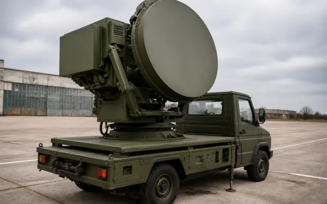 Un radar mobil masiv, de culoare verde militar, montat pe platforma unui vehicul de transport, aflat pe pista unui aerodrom sub un cer înnorat