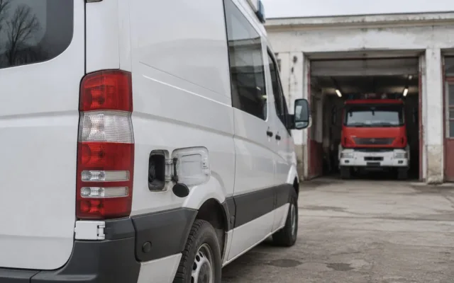 O dubă albă cu rezervorul deschis în apropierea unei autospeciale roșii