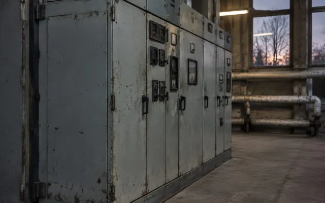 Panouri electrice vechi dintr-o centrală termică afectată de defecțiuni tehnice