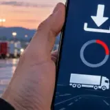 O mână ține un smartphone pe al cărui ecran apare o ilustrație cu o săgeată de descărcare/update, un cerc de progres și pictograma unui camion