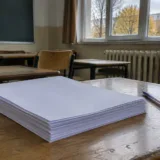 Coli de hârtie pe o bancă dintr-o sală de clasă