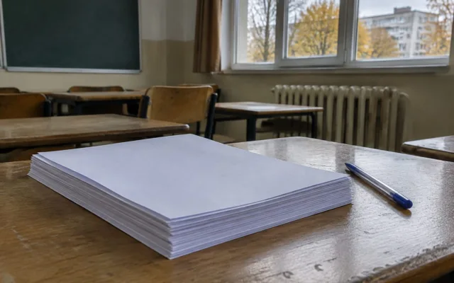 Coli de hârtie pe o bancă dintr-o sală de clasă