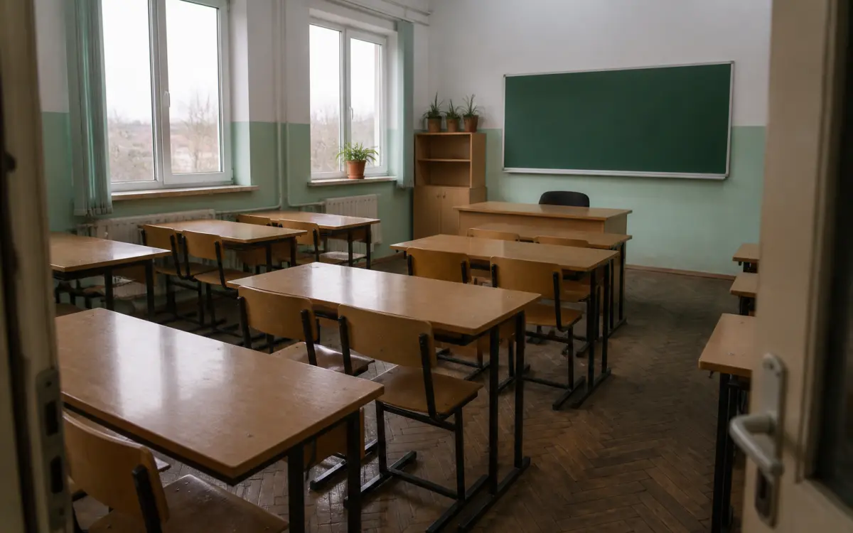 Interiorul unei săli de clasă tradiționale, văzută parțial prin deschiderea unei uși