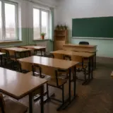 Interiorul unei săli de clasă tradiționale, văzută parțial prin deschiderea unei uși