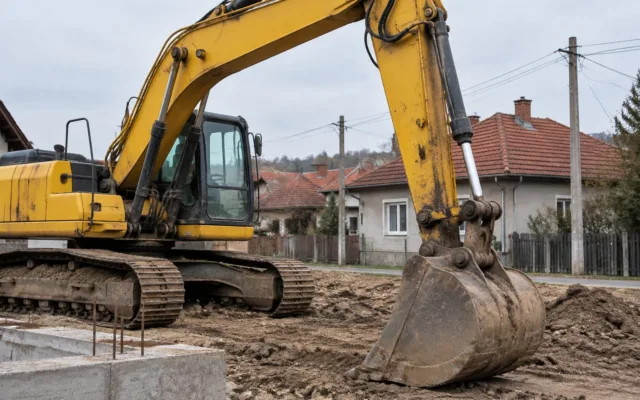 Excavator pe un șantier de construcții într-o zonă rezidențială