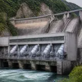 O vedere panoramică a unei hidrocentrale construite într-o zonă montană împădurită