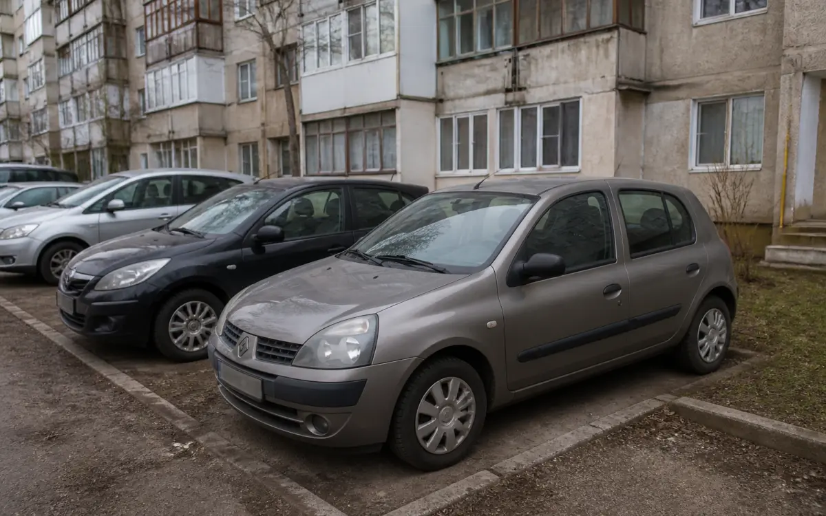 O mașină Renault Clio gri parcată în fața unui bloc de locuințe vechi, tip panel, cu mai multe alte autoturisme parcate în linie în fundal