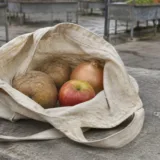O sacoșă cu puține alimente ilustrând simbolic coșul minim de consum