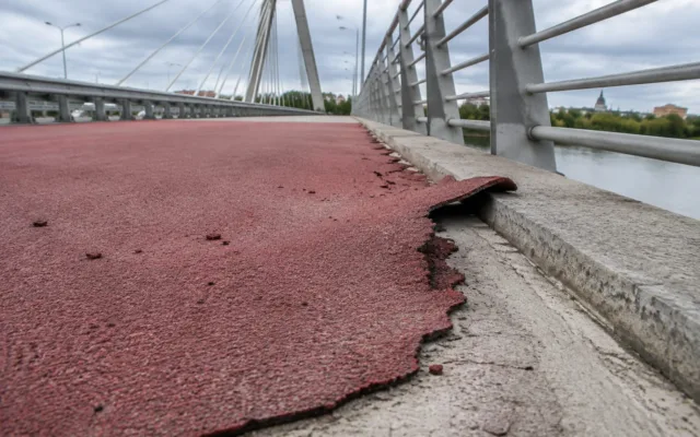 Pista deteriorată a Podului Hobanat