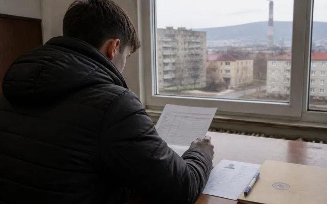 Tânăr analizând documente pentru prima de stabilitate