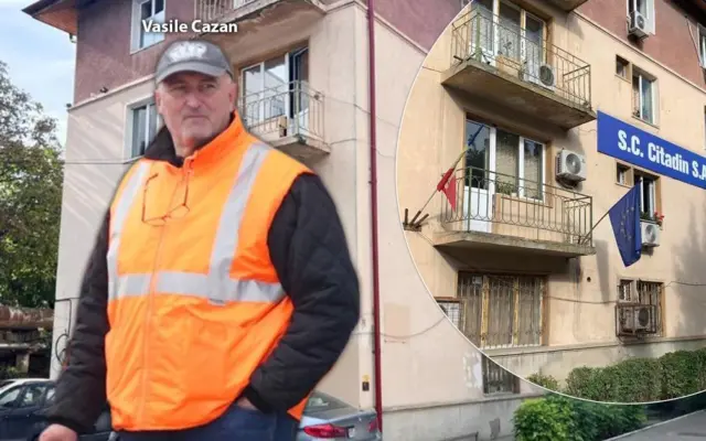 Un montaj foto care îl prezintă în stânga pe Vasile Cazan purtând o vestă reflectorizantă portocalie peste o haină neagră și o șapcă gri
