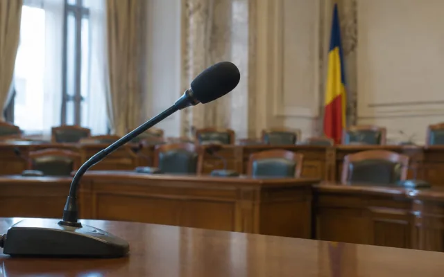 Microfon și steagul României într-o sală oficială pentru audieri parlamentare