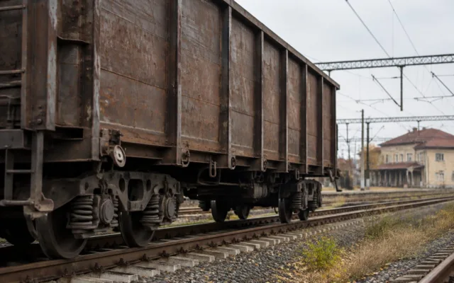 Un vagon de marfă vechi garat în apropierea unei stații feroviare