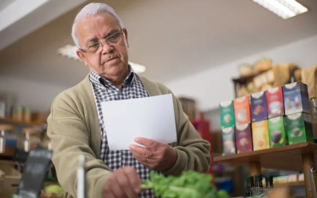 Pensionar analizând prețurile la alimente