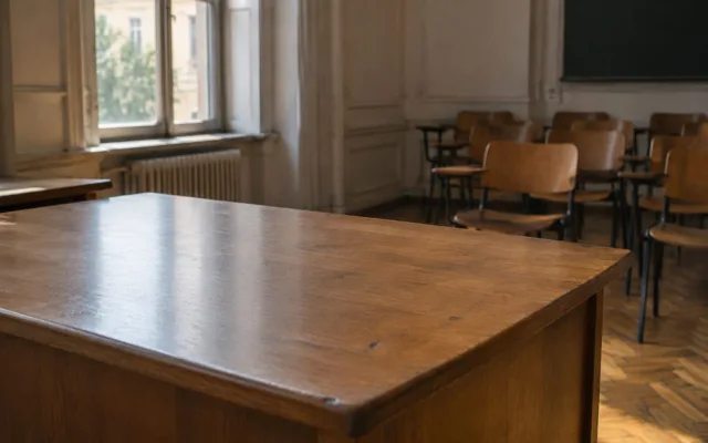 Interiorul unei săli de curs vechi din cadrul unei unități de învățământ